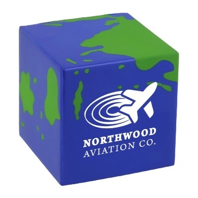 Blue with green foam stress ball with a custom logo.