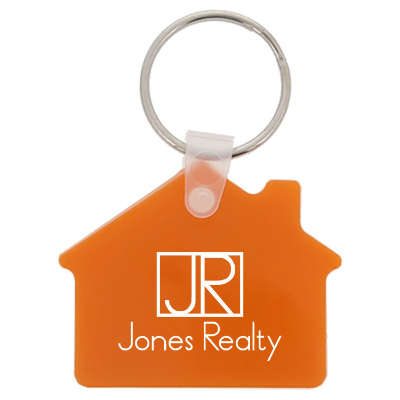 Plastic orange house shaped key tag keychain custom imprinted.