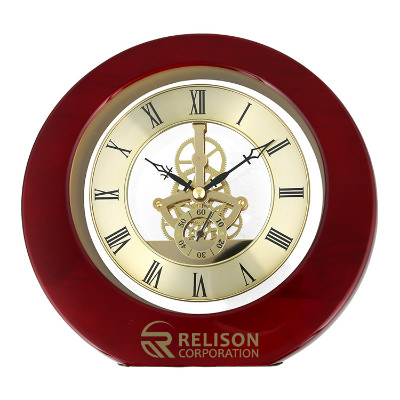 Wood clock with a personalized logo.