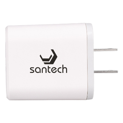 White plastic wall adapter with a branded logo.