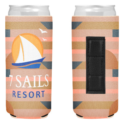Boho striped slim can cooler with custom full color imprint.