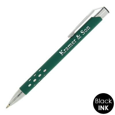 Custom engraved logo on rubberized metal pen with chrome accents.