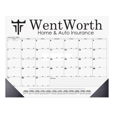 Essential desk pad calendar with promotional one color imprint.