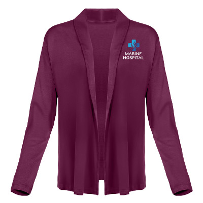 Custom berry cardigan with full color logo.