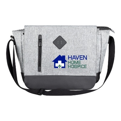 Heathered gray messenger bag with custom full-color imprint.