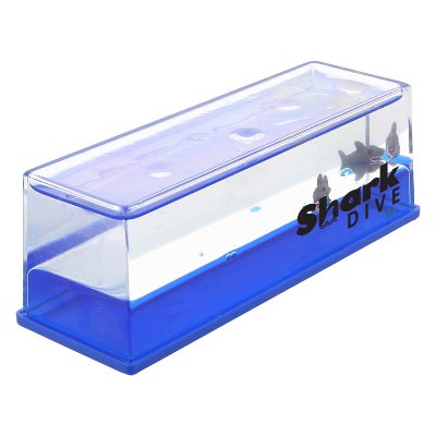 Paperweight with blue gel and shark figurines with promotional imprint.