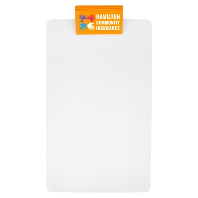 Orange polystyrene clipboard with a personalized logo.