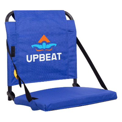 Blue polyester chair with a custom logo.