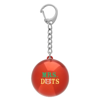 Plastic metallic red lip balm keychain with a personalized logo.