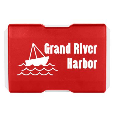 Plastic red first aid kit with a personalized imprint.