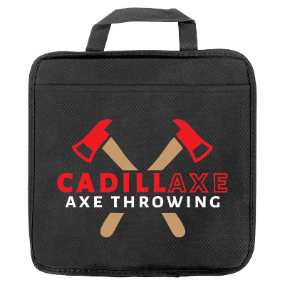 Black polypropylene seat cushion with a branded logo.