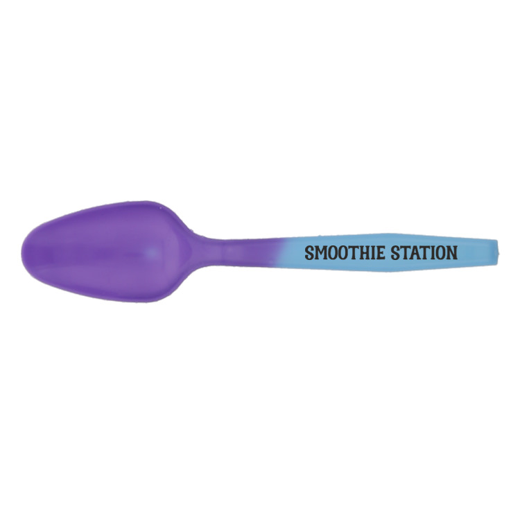 Plastic mood altering spoon with custom promotional logo.
