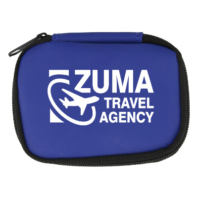 Blue plastic sewing kit with a personalized logo.