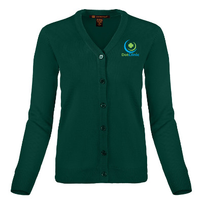 Custom green cardigan with full color imprint.