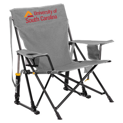Gray polyester chair with a custom imprint.