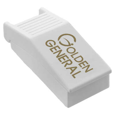 White plastic pill case with a branded logo.