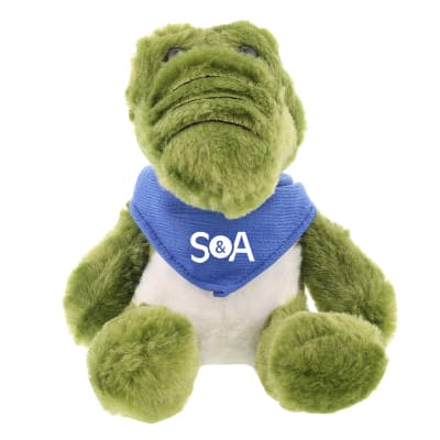 Plush and cotton alligator with royal blue bandana with custom imprint.