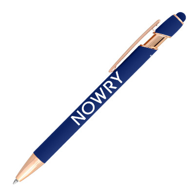 Dark blue aluminum pen with a custom logo.