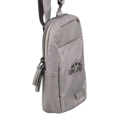Taupe crossbody bag with custom imprint.