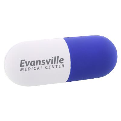Foam blue capsule stress ball with customized print.