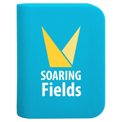 Light blue plastic manicure set with a personalized logo.