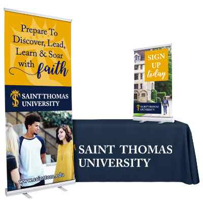 Custom polyester table cover, 33.5 inch custom banner stand and 24 inch custom table top banner stand package.
