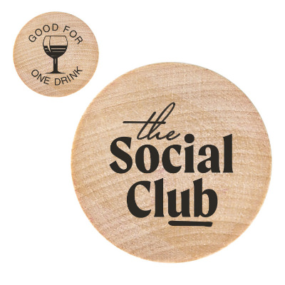 Natural wooden nickel with a custom logo.