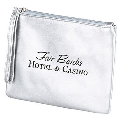 Polyurethane metallic silver cosmetic bag with printed logo.