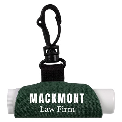 Neoprene hunter green lip balm sleeve with a personalized logo.