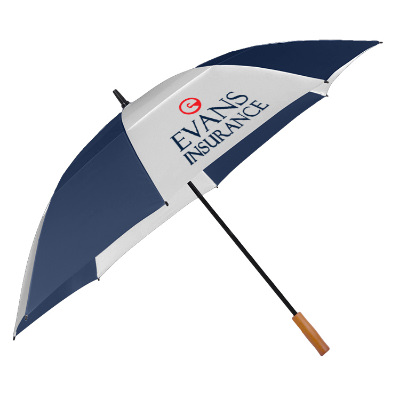 Navy and white recycled golf umbrella with unique full color logo.