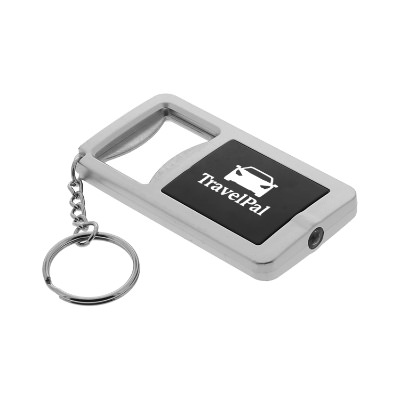 Black with silver bottle opener with keylight with custom promotional imprint on the top.
