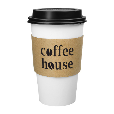 Kraft paper coffee sleeve with custom branding.