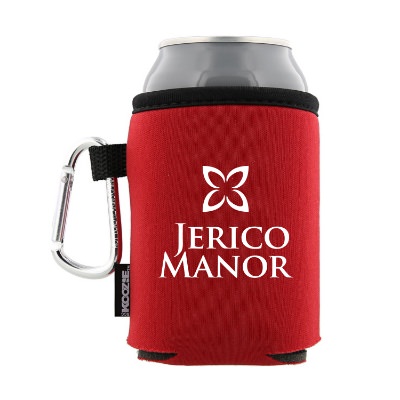 Foam red collapisble with carabiner Koozie printed.