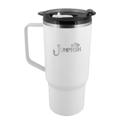 White tumbler with engraved imprint.