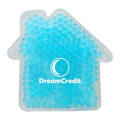 Plastic blue hot and cold pack with a custom imprint.