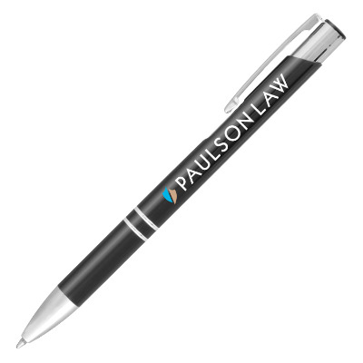 Gray metal pen with a branded logo.