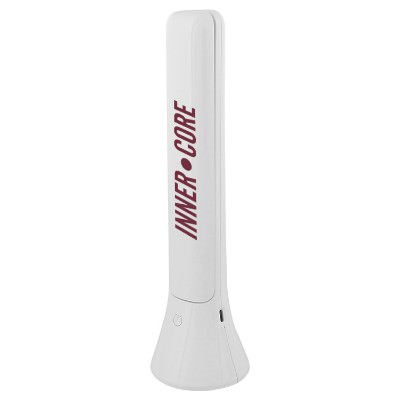 White rechargeable plastic lamp and flashlight with one color imprint.