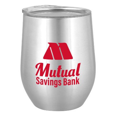 Stainless silver wine tumbler with custom logo.