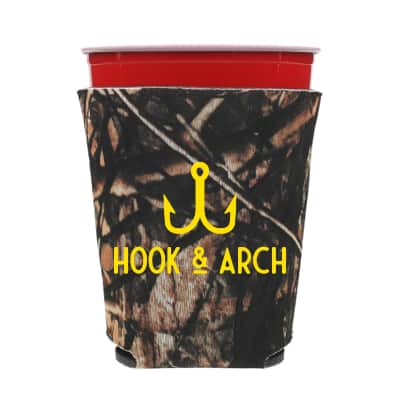 Foam true life camo party cup cooler with custom imprint.
