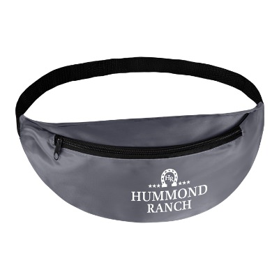 Gray fanny pack with white personalized imprint.