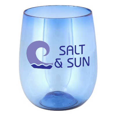 Plastic blue wine tumbler with custom full color logo.