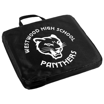 Black polyester seat cushion with a personalized imprint.