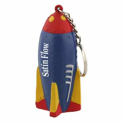 Foam rocket stress reliever key ring branded with imprint.