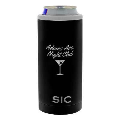 Stainless black can cooler with custom engraved logo.