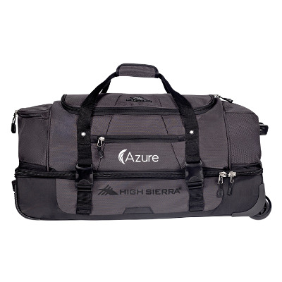 Black duffel bag with custom imprint.