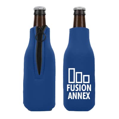 Foam royal blue zipper bottle cooler with custom printing.