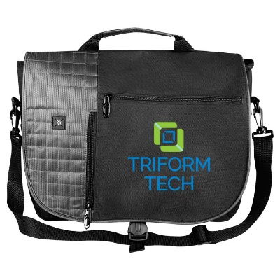 Textured black messenger bag with custom full-color logo.