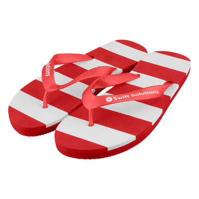 Rubber striped flip flops with custom logo.