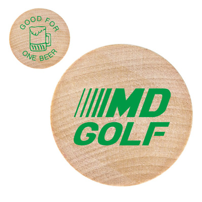 Natural wooden nickel with a custom logo.