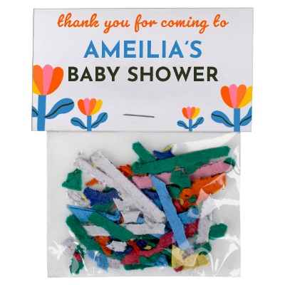 Clear plastic personalized seeded packet.